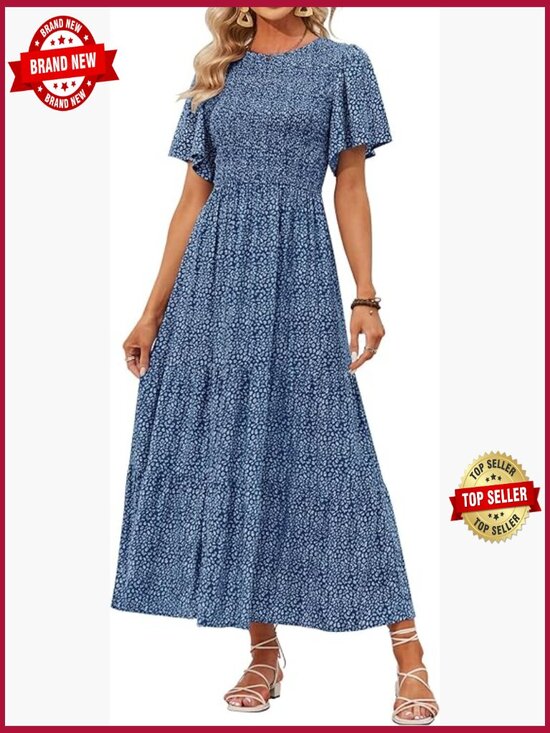 Dresses & Skirts - Boho Floral Maxi Dress Flutter Sleeve Smocked Tiered Flowy